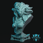 A detailed fantasy bust sculpture of a warrior with flowing hair, rendered in a light teal-blue color, standing on a textured base against a black background. A 'WITCHSONG' brand logo is visible in the bottom right corner.