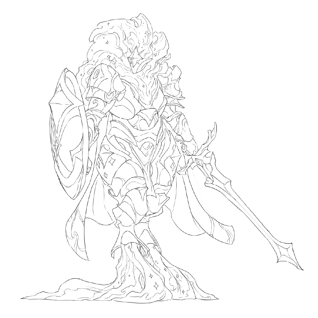 Black and white line art illustration of a fantasy armored warrior character holding a sword, shown on a plain white background.