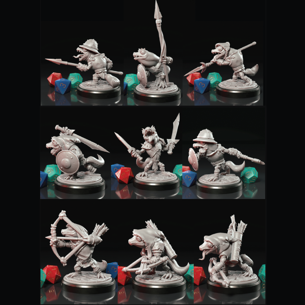 Eight unpainted gray fantasy tabletop miniatures arranged in a 3x3 grid on a black reflective background, each mounted on a round base with colorful polyhedral dice placed nearby.