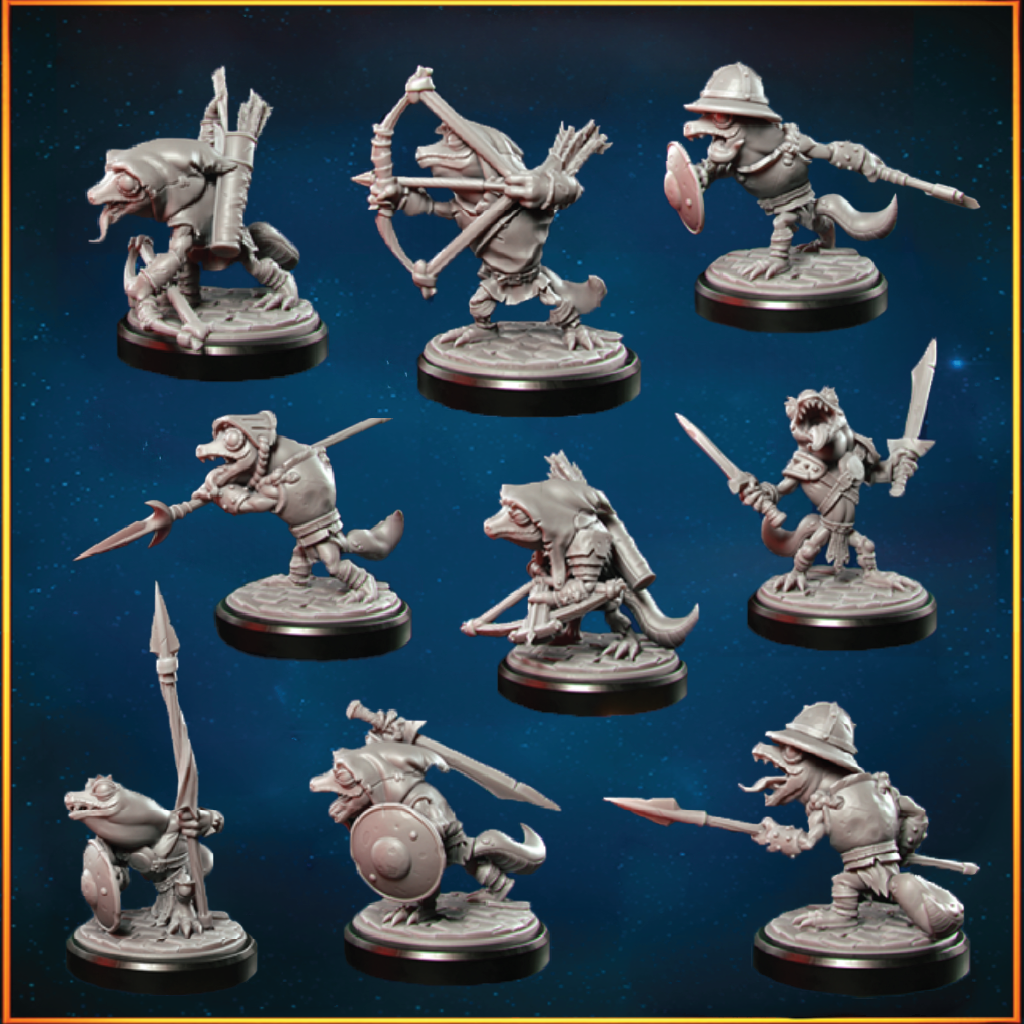 Nine unpainted fantasy tabletop miniatures of animal-like warriors arranged in a 3x3 grid on a dark blue starry background. The figures are rendered in a uniform gray resin-like finish, with black circular bases.