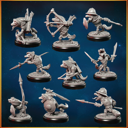 Nine unpainted fantasy tabletop miniatures of animal-like warriors arranged in a 3x3 grid on a dark blue starry background. The figures are rendered in a uniform gray resin-like finish, with black circular bases.