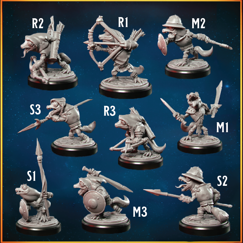 Nine unpainted fantasy tabletop miniatures shown on a dark blue starry background, labeled R1-R3, M1-M2, S1-S2 with gray sculpted figures and black round bases.