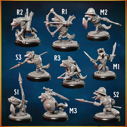 Nine unpainted fantasy tabletop miniatures shown on a dark blue starry background, labeled R1-R3, M1-M2, S1-S2 with gray sculpted figures and black round bases.
