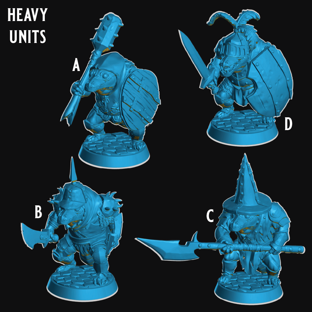 Four unpainted fantasy tabletop miniature figures labeled A, B, C, and D on a black background, with the text 'HEAVY UNITS' in the upper left. The figures are shown in a uniform bright blue/cyan color, displaying different weapon and armor details.