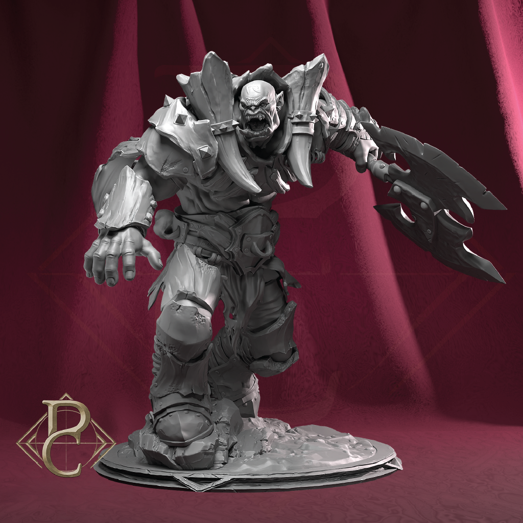 A gray unpainted fantasy miniature figurine of a heavily armored, roaring goblin-like warrior holding a large double-bladed axe, standing on a circular base against a draped burgundy backdrop. A stylized gold 'BP' logo appears in the lower-left corner.