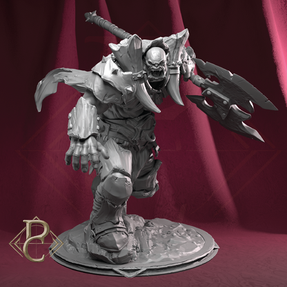 A gray unpainted tabletop gaming miniature of a skeletal warrior holding a large double-headed battle axe, standing on a textured circular base against a draped burgundy backdrop.