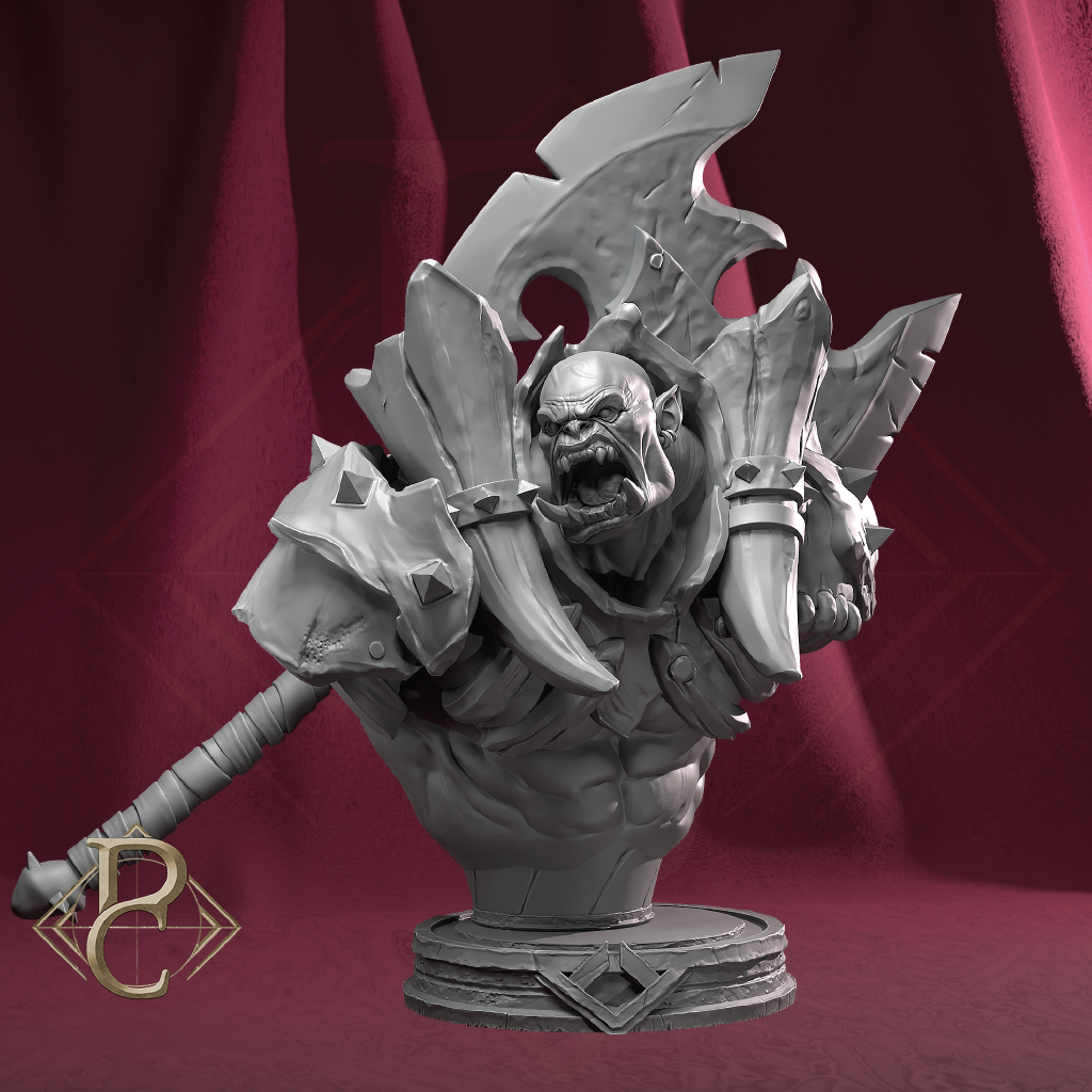 A monochrome gray fantasy warrior bust sculpture on a round pedestal, set against a draped dark red background. The figure has a muscular head and shoulders, a fierce snarling face, large angular armor plates, a horned helmet, and a large axe resting on the left.