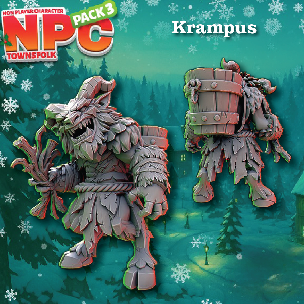 Promotional artwork for an NPC character pack featuring a Krampus figure in a snowy forest setting. The image shows two views of the same non-player character: one holding a branch and one carrying a wooden barrel.