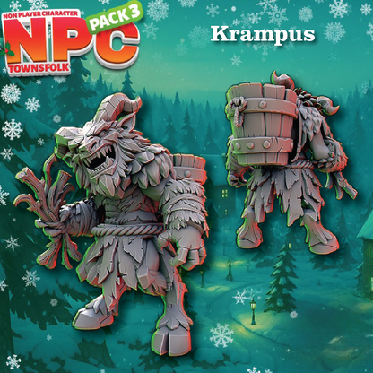 Promotional artwork for an NPC character pack featuring a Krampus figure in a snowy forest setting. The image shows two views of the same non-player character: one holding a branch and one carrying a wooden barrel.