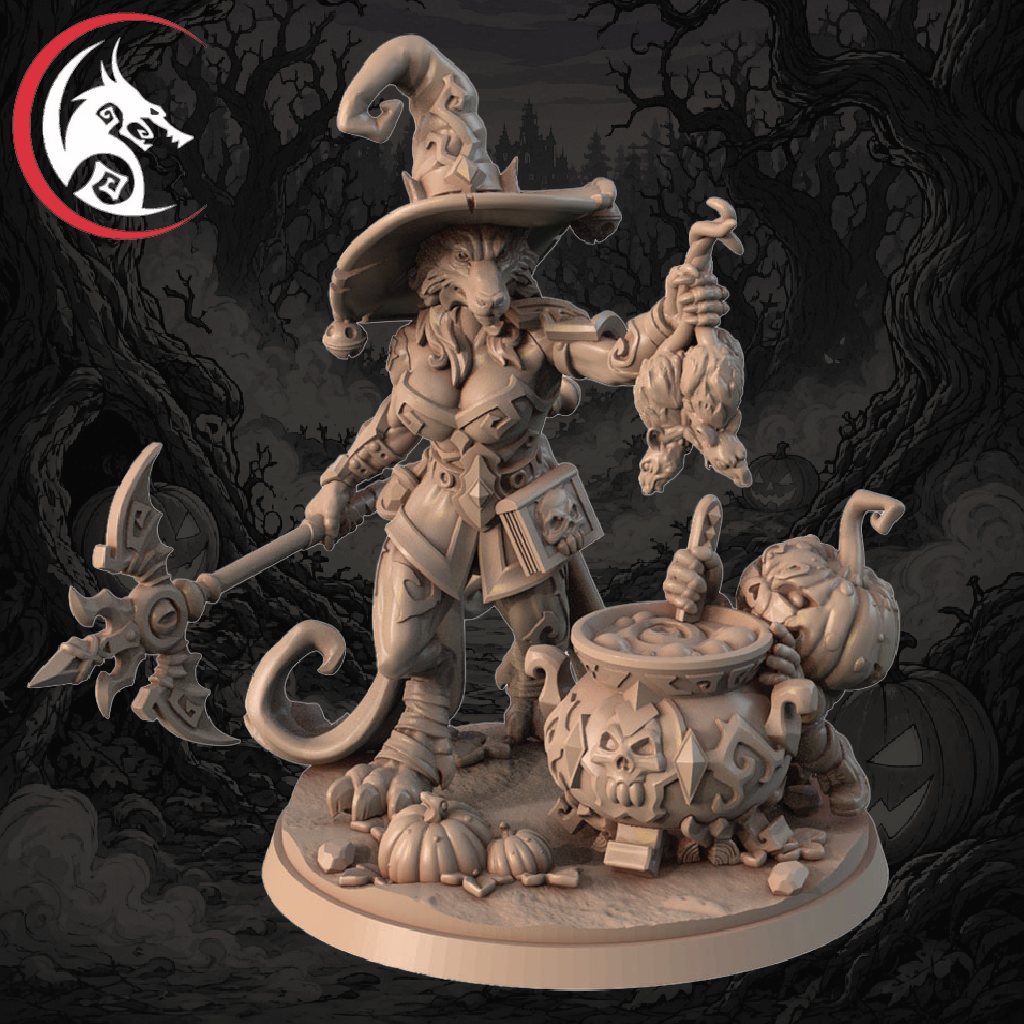 An unpainted fantasy tabletop miniature of a cat-like witch character standing on a round base, holding a severed bird and a large mace, with a cauldron, pumpkins, and magical props around it. The figure is shown against a dark spooky forest background, with a red-and-black dragon logo in the top-left corner.