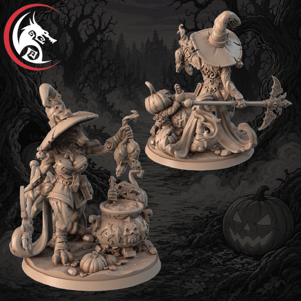 Two unpainted fantasy tabletop miniatures in a monochrome stone color, shown against a dark Halloween-themed illustrated background with pumpkins and a spooky forest. A red-and-black logo appears in the top-left corner.