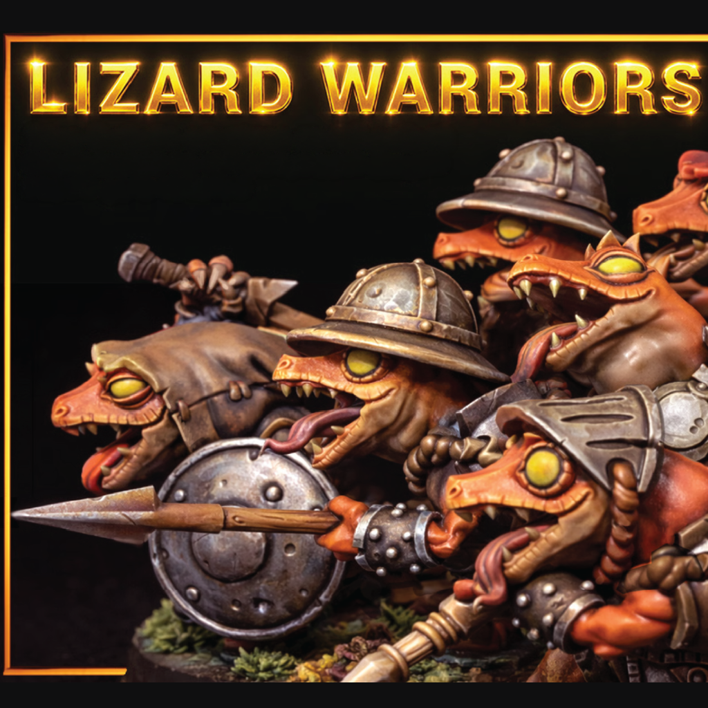 A group of painted fantasy lizard warriors figurines wearing helmets and armor, clustered together on a dark background with a large gold 'LIZARD WARRIORS' title at the top.