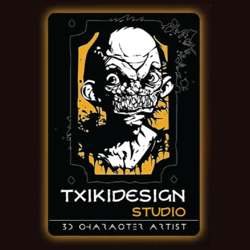 Card with a stylized character design and 'Txikidesign Studio' branding on a dark background.