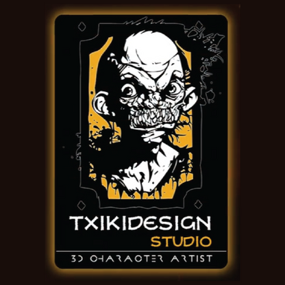 Card with a stylized character design and 'Txikidesign Studio' branding on a dark background.