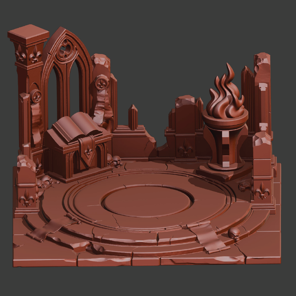 Decorative brown stone structure with architectural elements on a dark background