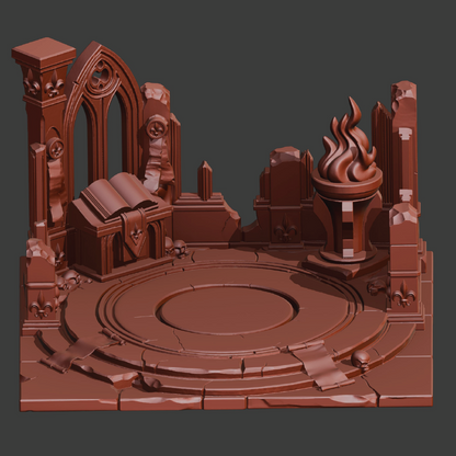 Decorative brown stone structure with architectural elements on a dark background