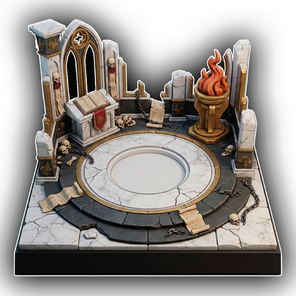 Decorative diorama with a central circular platform, torch, and various elements on a gray background