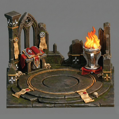 Gothic-style throne with ornate details and a flaming torch on a gray background