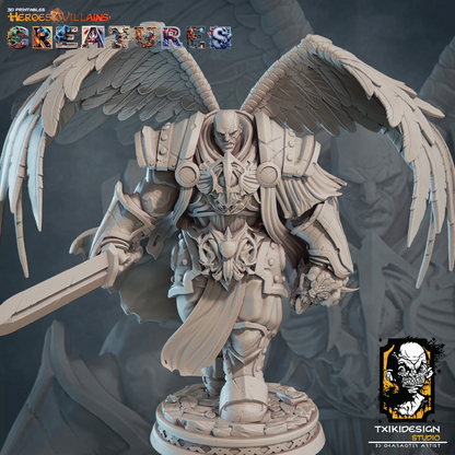 Fantasy figurine with wings and armor on a dark background, featuring the brand 'TXIKIDESIGN STUDIO'.