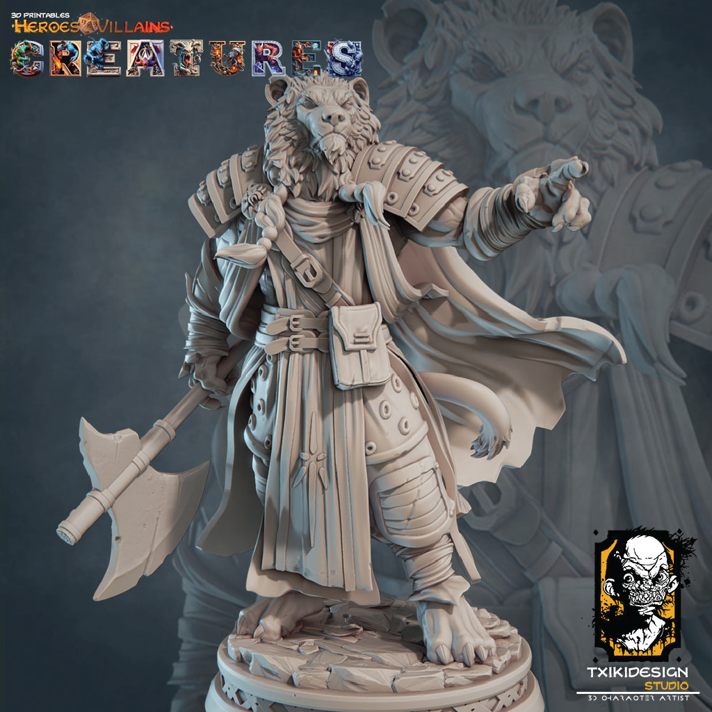 Statue of a warrior with animal features on a dark background, featuring the brand 'TXIKIDESIGN STUDIO'.