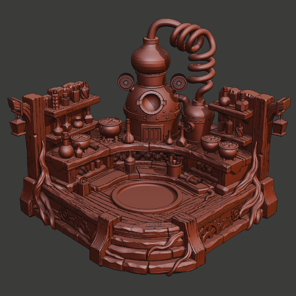 A 3D-rendered steampunk laboratory scene in a uniform reddish-brown color, featuring a large coiled pipe, alchemist bottles, distillation apparatus, shelves, and a circular platform on a dark gray background.