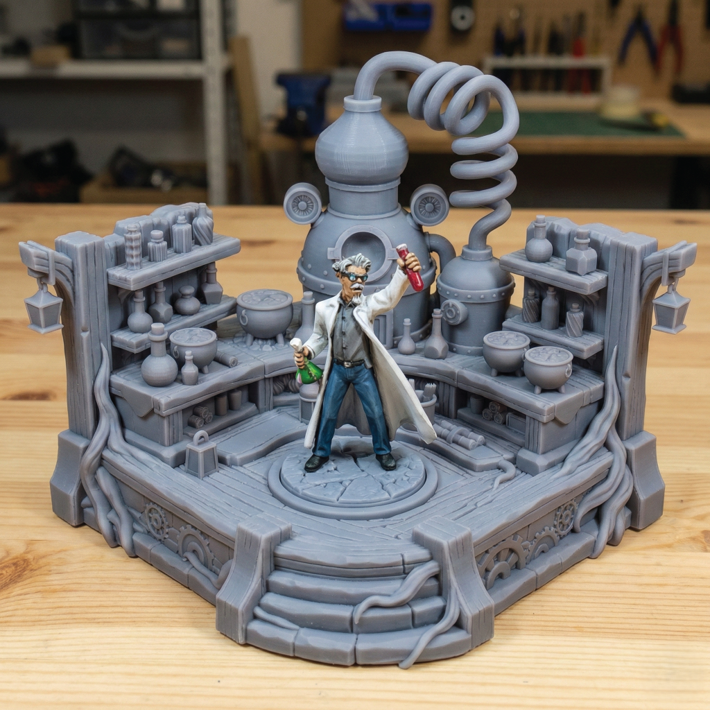 A miniature sci-fi laboratory diorama model in gray resin, featuring a central scientist figurine holding a green bottle and a red flask, set on a wooden tabletop.