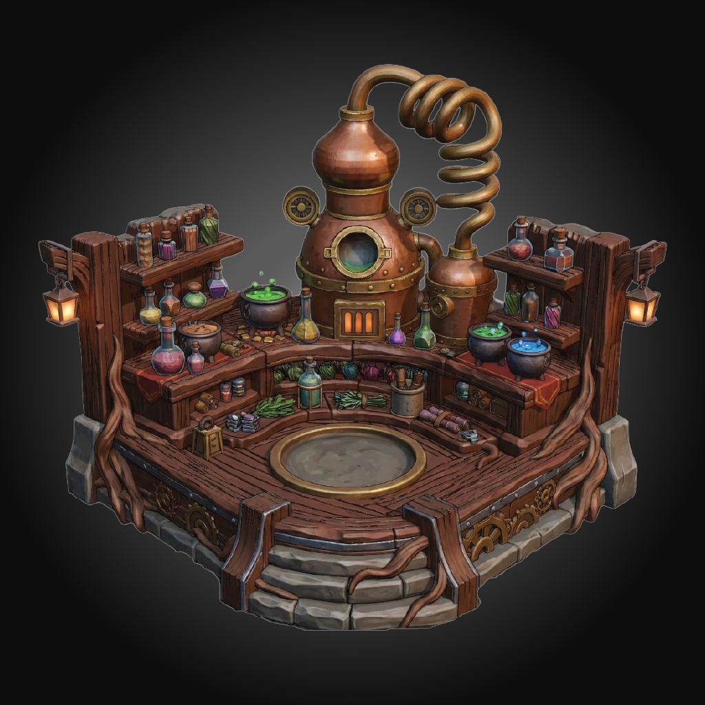 Steampunk laboratory set featuring a copper distillation apparatus, wooden workbenches, shelves filled with colorful potion bottles, hanging lanterns, and decorative roots on a dark gradient background.