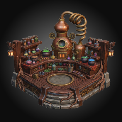 Steampunk laboratory set featuring a copper distillation apparatus, wooden workbenches, shelves filled with colorful potion bottles, hanging lanterns, and decorative roots on a dark gradient background.