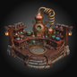 Steampunk laboratory set featuring a copper distillation apparatus, wooden workbenches, shelves filled with colorful potion bottles, hanging lanterns, and decorative roots on a dark gradient background.