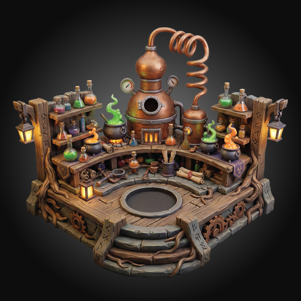 A fantasy steampunk laboratory miniature featuring a central copper distillation still with a coiled pipe, surrounded by wooden shelves, glowing lanterns, cauldrons, alchemical bottles, and green bubbling pots on a dark gradient background.
