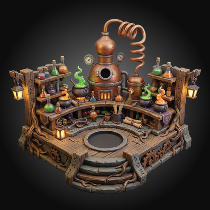A fantasy steampunk laboratory miniature featuring a central copper distillation still with a coiled pipe, surrounded by wooden shelves, glowing lanterns, cauldrons, alchemical bottles, and green bubbling pots on a dark gradient background.