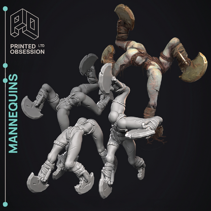 Mannequin figures with armor and weapons on a black background, branded 'Printed Obsession'.