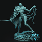A monochrome fantasy figurine of a skeletal warrior in a dynamic pose, holding a curved blade and vine-like weapon, standing on a detailed ruined base. The entire piece is rendered in a uniform pale aqua/teal tone against a dark background, with a Witchsong logo in the lower right corner.