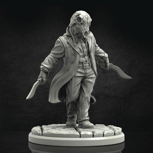 Gray-scale figurine of a character in a coat with a mask, holding a knife on a dark background