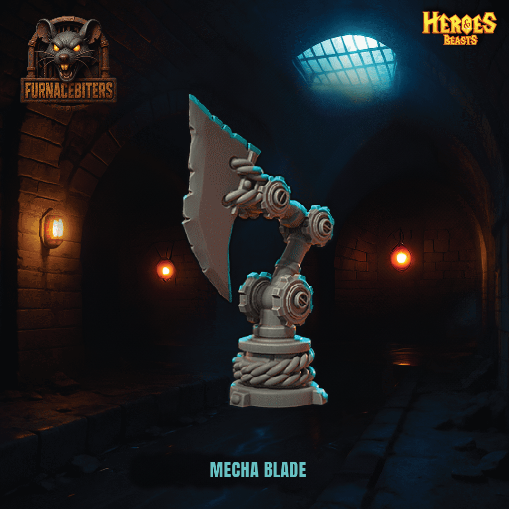 Mecha blade figure in a dark, dungeon-like setting with 'Heroes Beasts' branding.
