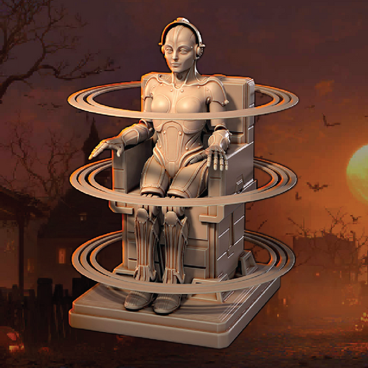 Statue of a robot sitting on a throne with a dark, eerie background