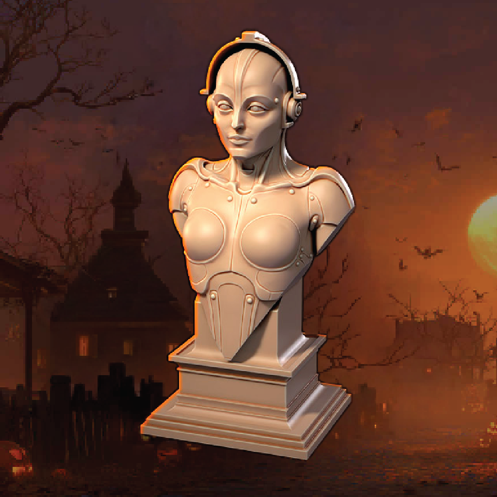 Bust of a woman in a futuristic outfit against a spooky, moonlit background with bats and a house.