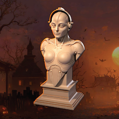Bust of a woman in a futuristic outfit against a spooky, moonlit background with bats and a house.