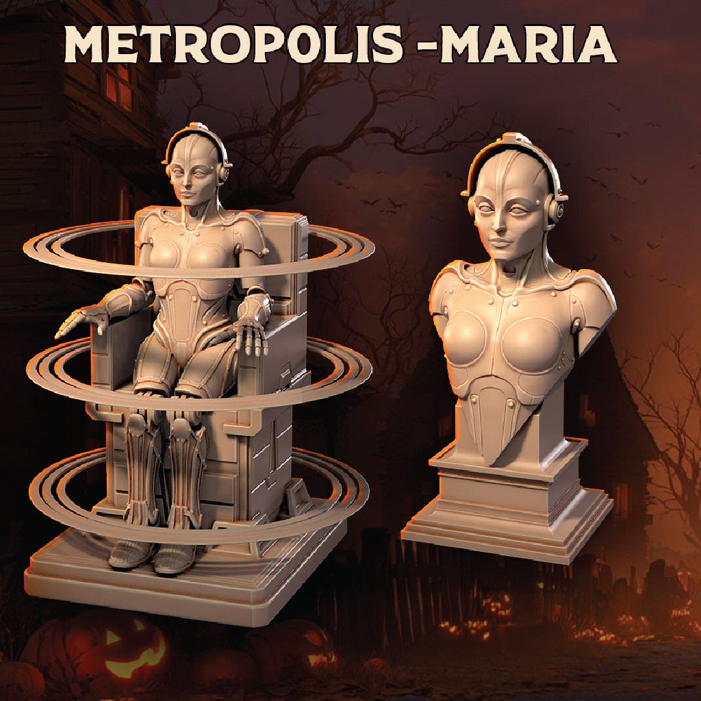 Two statues of a woman with headphones on a dark background, labeled 'Metropolis-Maria'.