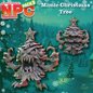 Promotional artwork for an NPC character pack showing a gray mimic Christmas tree monster with red outline details, alongside a clean rendering of the same tree. The scene includes a snowy forest background and the text 'NPC Townsfolk Pack 3' and 'Mimic Christmas Tree'.