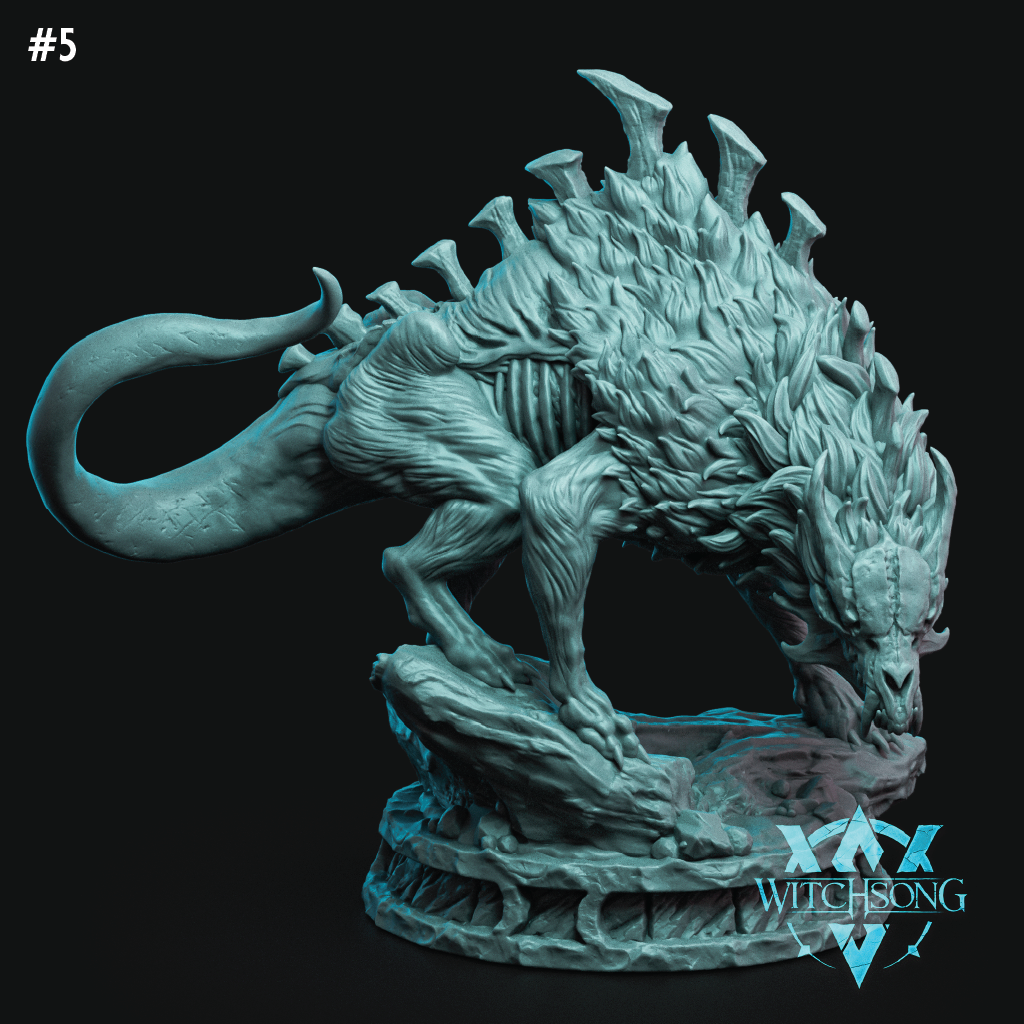Teal dragon-like creature figurine with 'Witchesong' logo on a black background