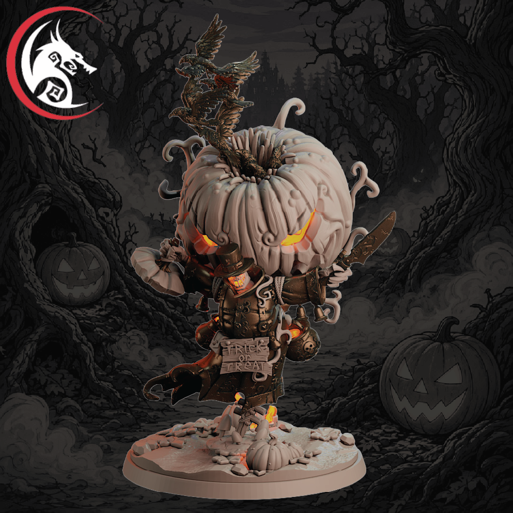 A stylized Halloween-themed fantasy figurine or collectible character standing on a round base, with a large carved pumpkin head, glowing orange eyes, dark armor, and a decorative crest. The background is a dark spooky forest scene with jack-o'-lanterns.