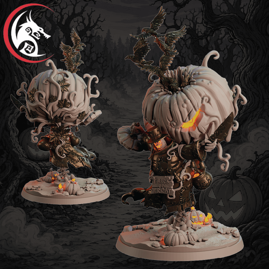 Unpainted 3D-printable miniature figurine of a zombie pumpkin character with ravens, shown from two angles against a dark, spooky forest background. Features a wolf-head logo in the top-left corner.