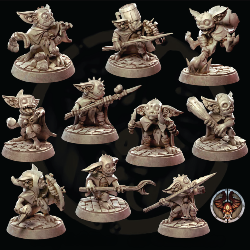 A set of unpainted fantasy tabletop miniatures shown on a black background, with a small circular logo in the lower right corner.