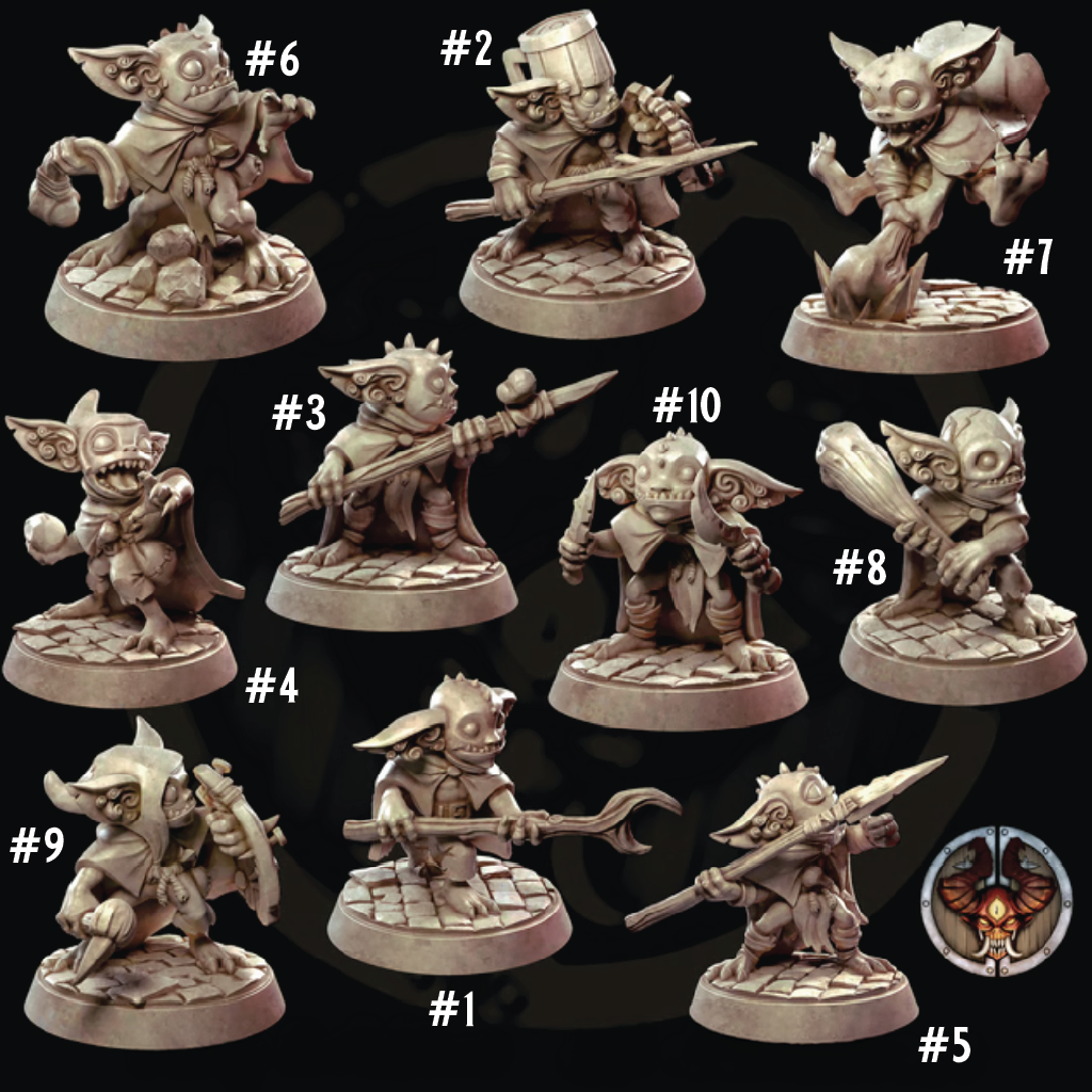 A set of unpainted fantasy goblin miniatures labeled #1 through #10, shown on a dark background with a small circular logo in the bottom right corner.