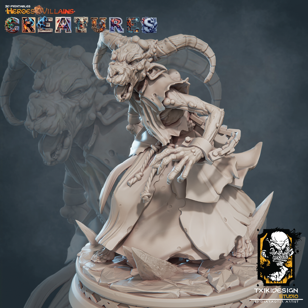 3D render of a corrupted goat demon miniature for tabletop gaming