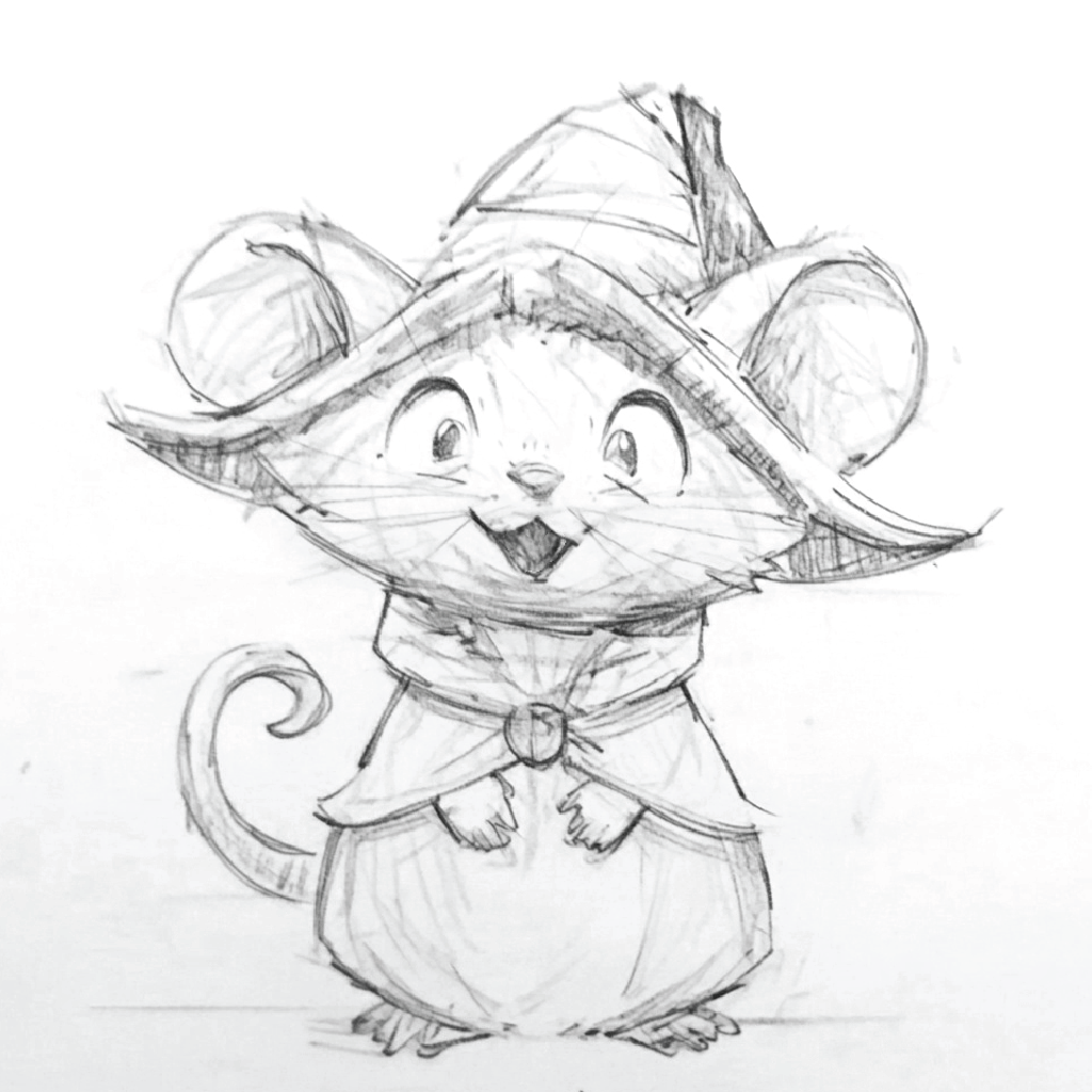 Concept art for a chibi-style mouse sorcerer mage wizard miniature