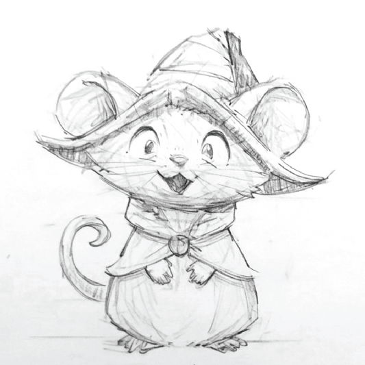 Concept art for a chibi-style mouse sorcerer mage wizard miniature