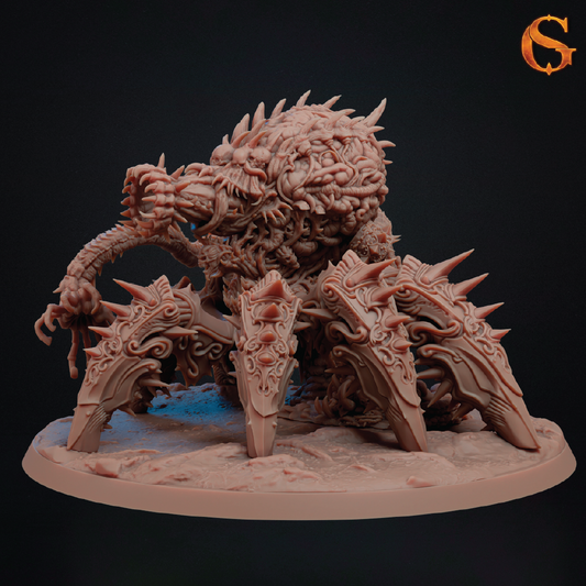 A detailed 3D-rendered fantasy creature or monster on a round base, shown against a dark background. The creature has a large, spiky, reptile-like body with multiple legs and ornate carvings.