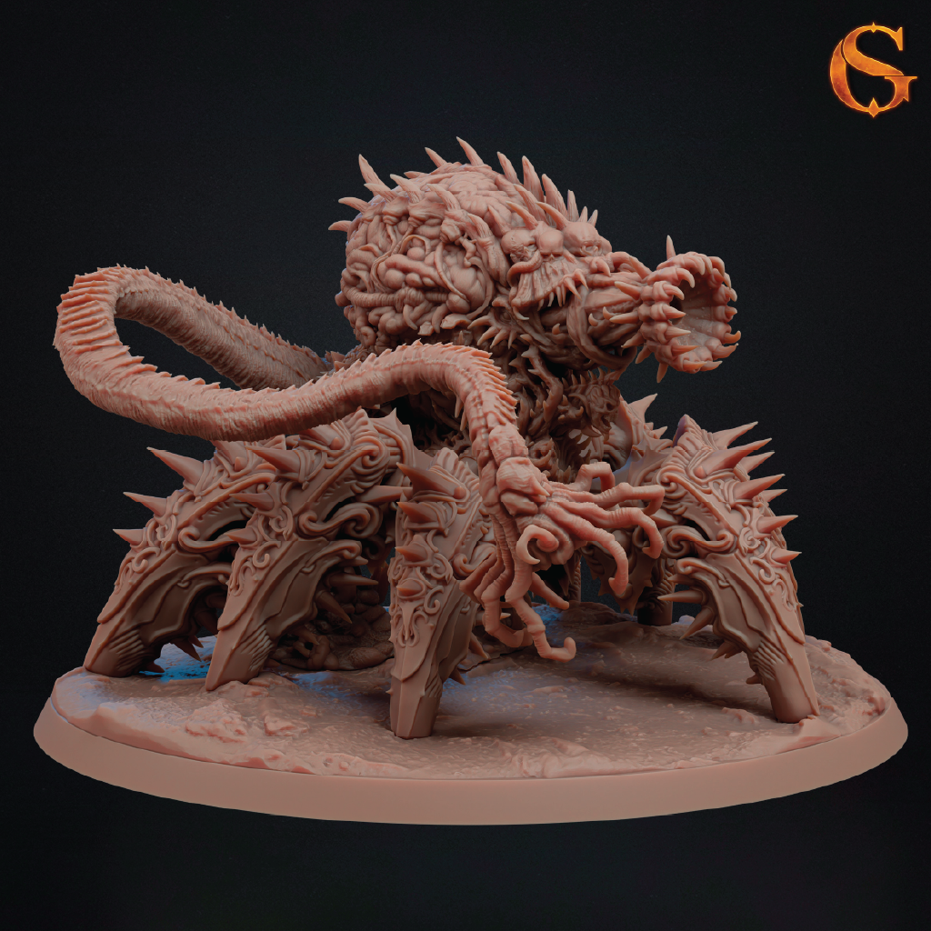 A detailed fantasy monster miniature sculpture in a uniform reddish-brown resin or plastic, mounted on a textured circular base against a dark studio background. The creature has a spiky, multi-limbed, organic form with a long curled tail and sharp claws.